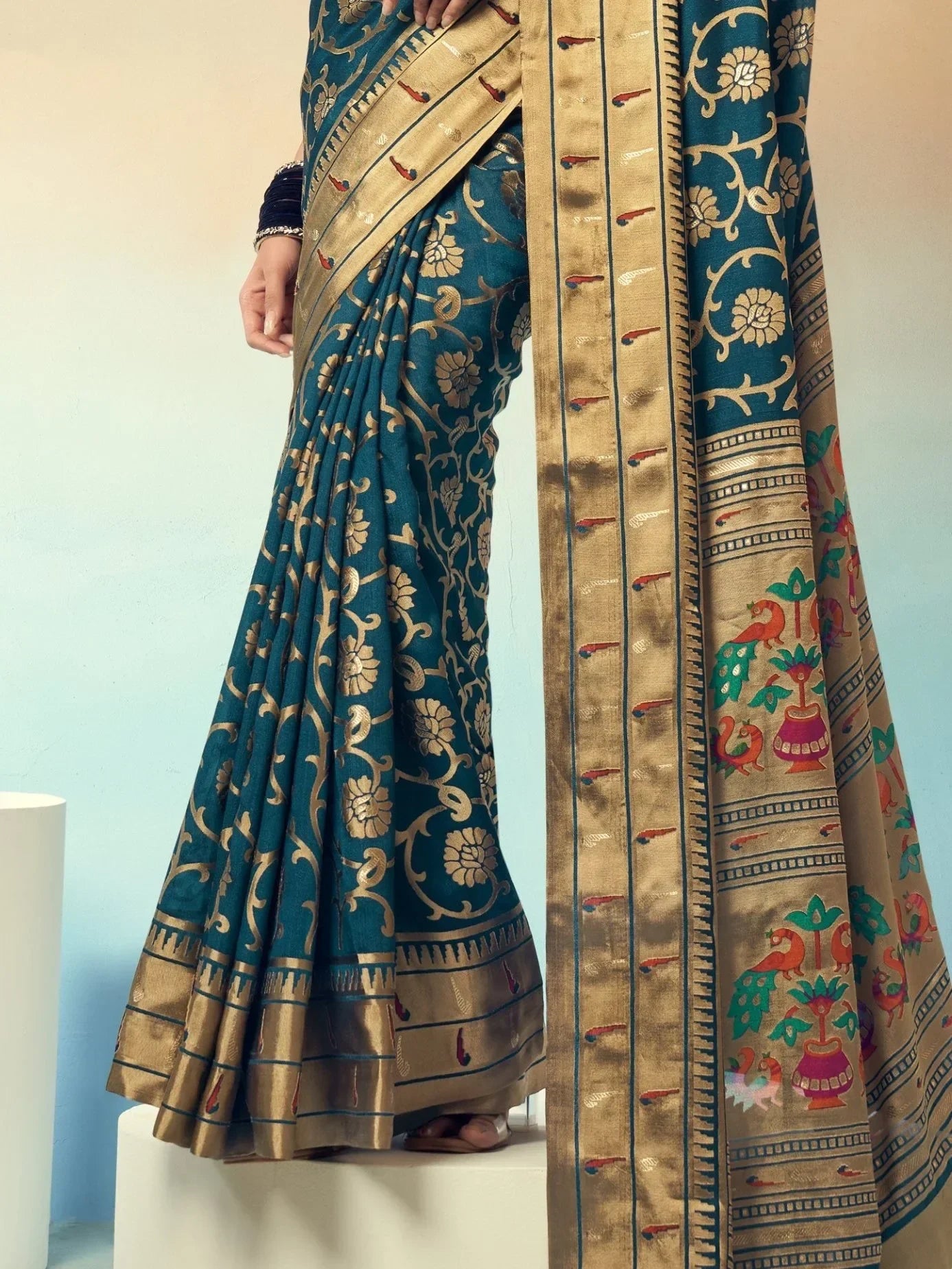 Incredible Teal Green Georgette Zari Weaving Festive Wear Saree With Blouse