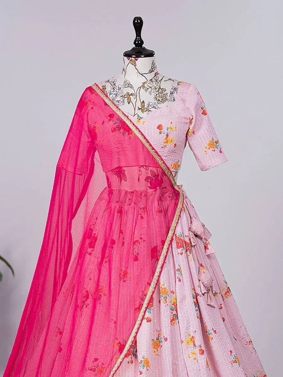 Pink floral lehenga choli with sheer dupatta, designer Indian ethnic wear for women
