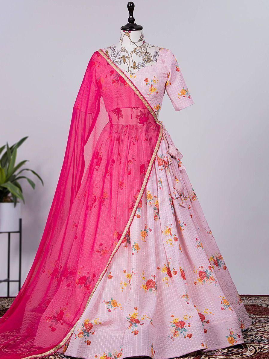 Pink floral lehenga choli with sheer dupatta, ethnic Indian wear for women