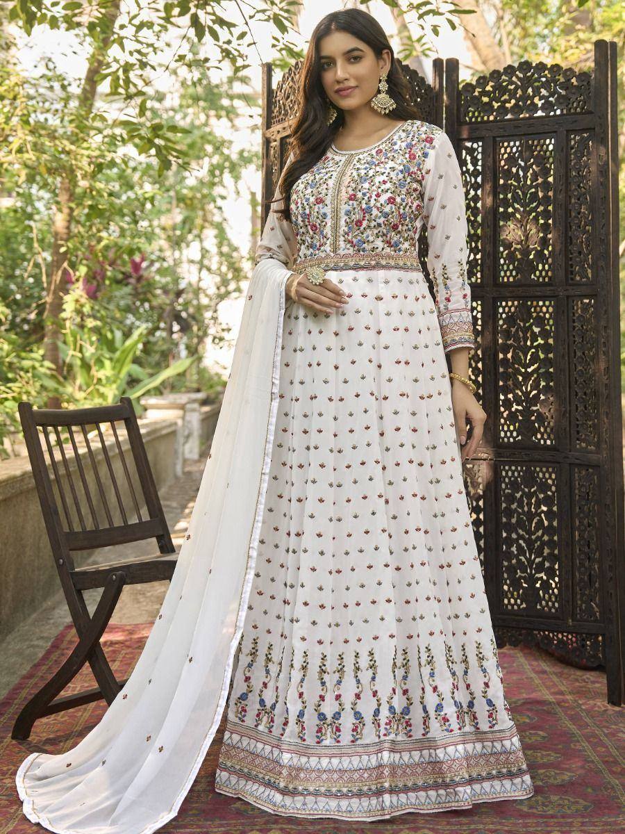 White floral embroidered anarkali suit with dupatta, perfect for Indian ethnic occasions