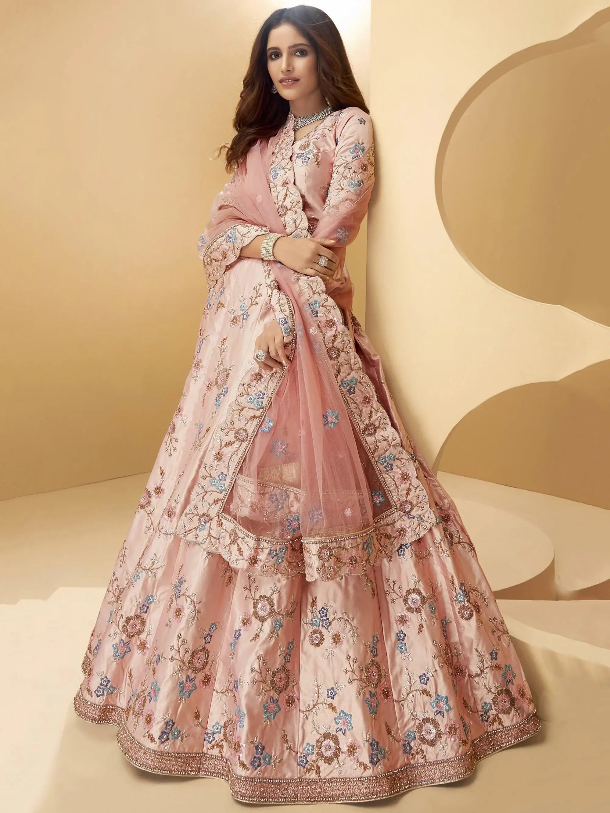Dazzling Pink Embroidered Silk Engagement Wear Lehenga Choli