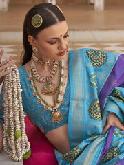 Beautiful Sky Blue Silk Patola Festival Wear Saree With Blouse