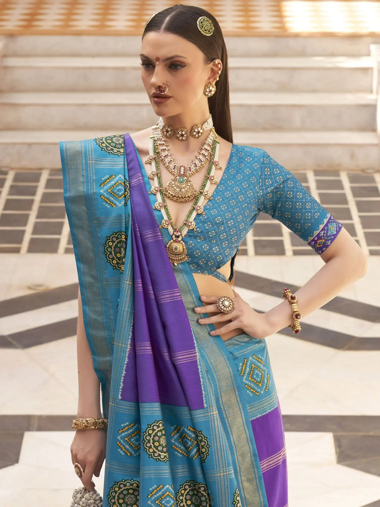 Beautiful Sky Blue Silk Patola Festival Wear Saree With Blouse