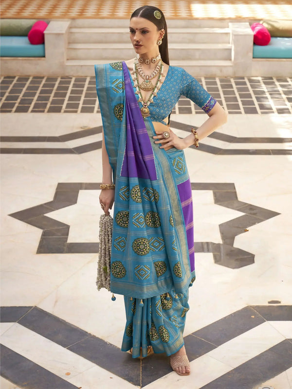 Beautiful Sky Blue Silk Patola Festival Wear Saree With Blouse