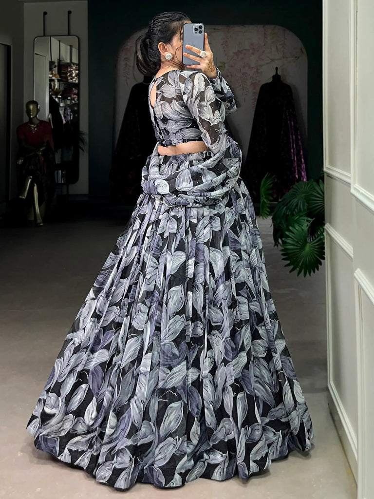 Precious Black Digital Printed Silk Party Wear Lehenga Choli With Dupatta