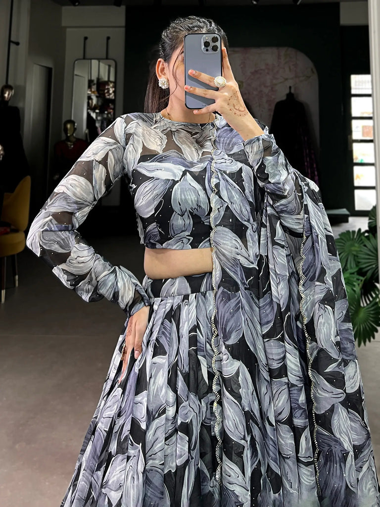 Precious Black Digital Printed Silk Party Wear Lehenga Choli With Dupatta