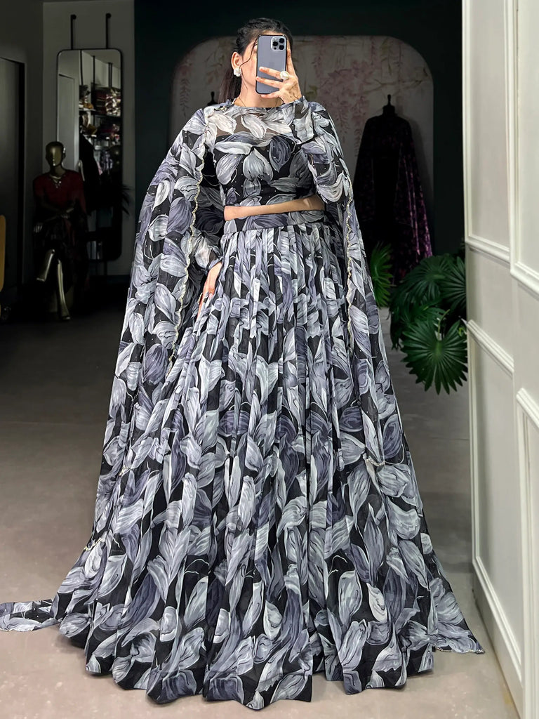 Precious Black Digital Printed Silk Party Wear Lehenga Choli With Dupatta