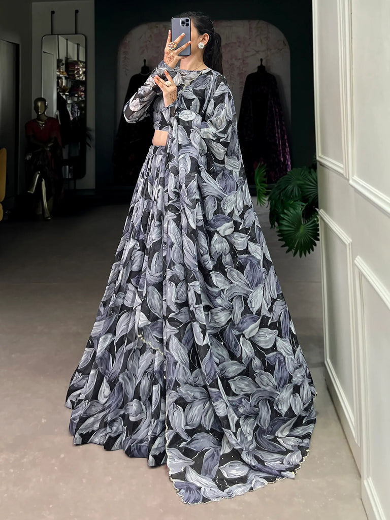Precious Black Digital Printed Silk Party Wear Lehenga Choli With Dupatta