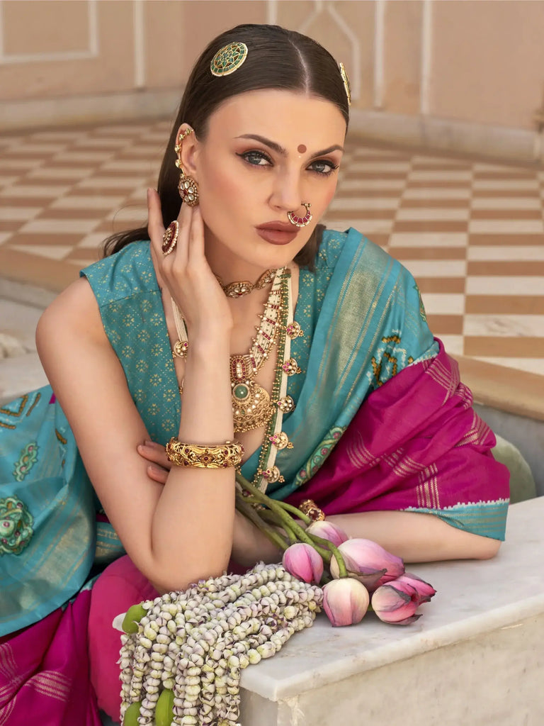 Lovely Sky Blue And Pink Silk Patola Festival Wear Saree With Blouse