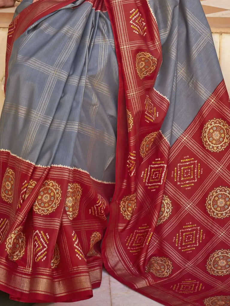 Alluring Light Steel Blue Silk Patola Festival Wear Saree With Blouse