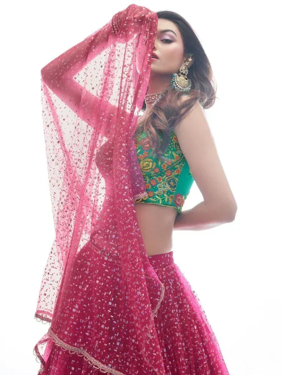 Green embroidered blouse with pink sequin lehenga and dupatta, Indian ethnic wear