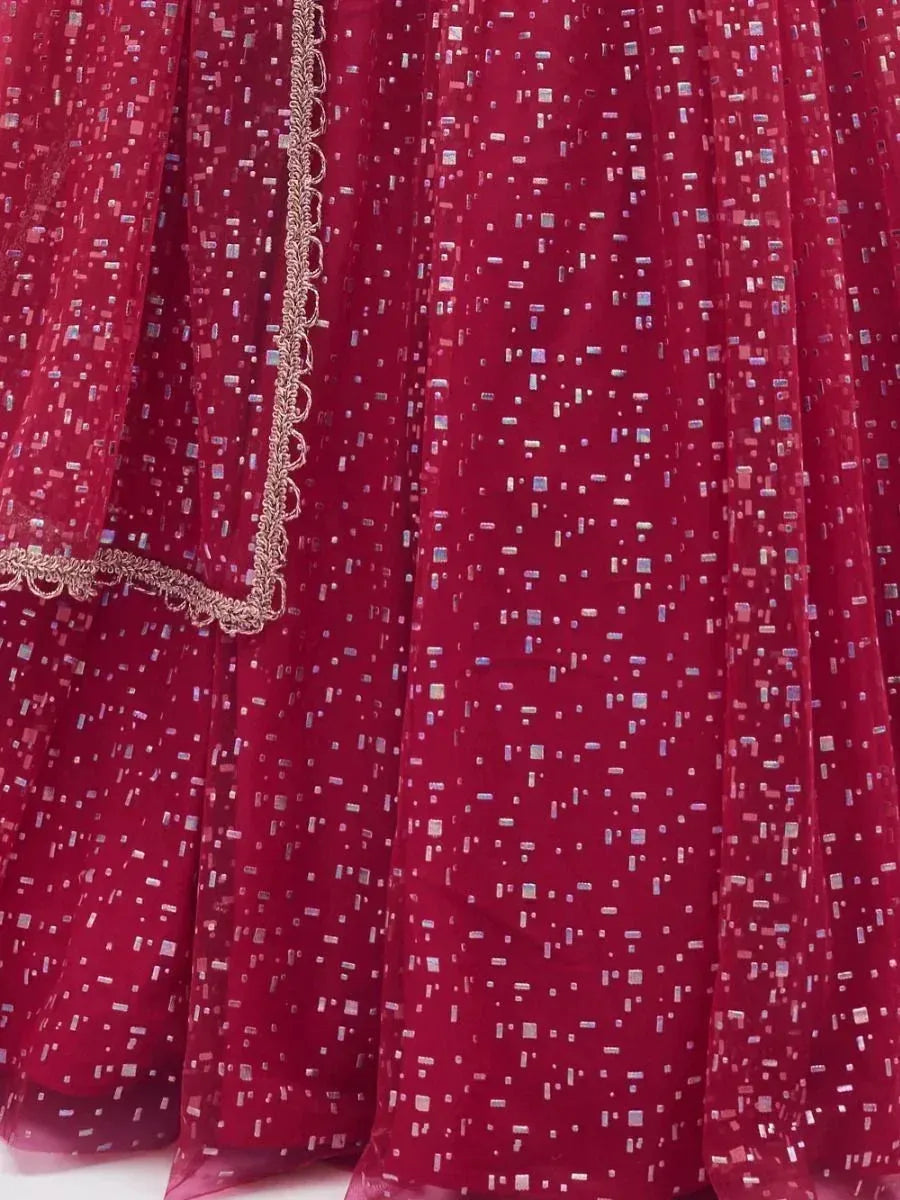 Red embroidered lehenga with sequin detailing and gold border, ideal for Indian ethnic wear occasions
