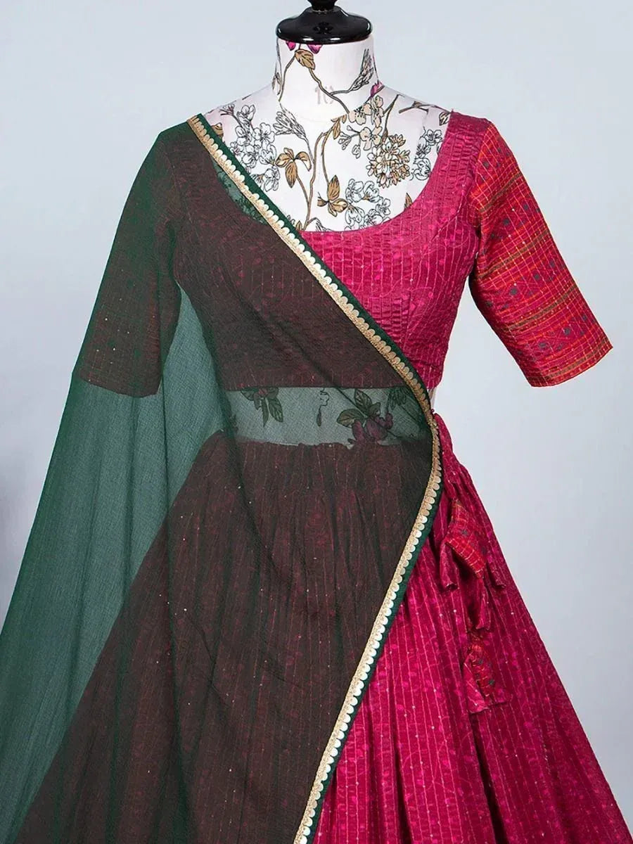 Pink and green ethnic lehenga choli with floral dupatta, perfect for Indian weddings and festive occasions