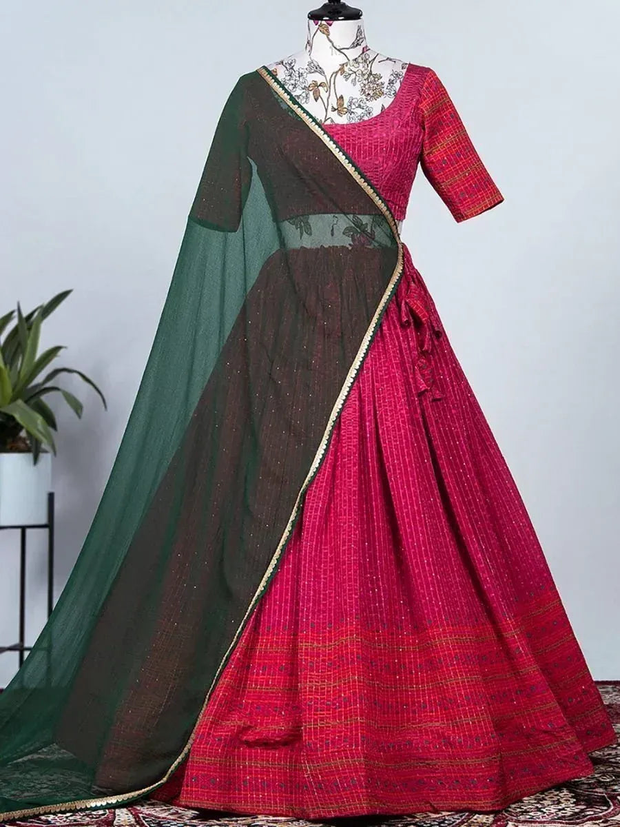 Red and green designer lehenga choli with embroidered dupatta, perfect for Indian ethnic wear occasions