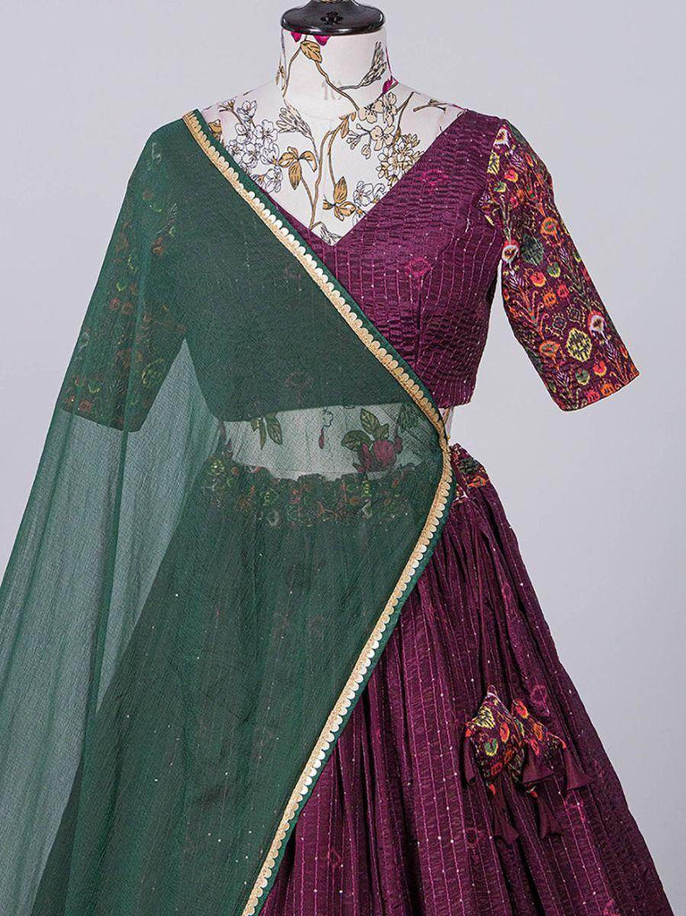 Astonishing Wine Crochet Work Chinon Printed Lehenga Choli