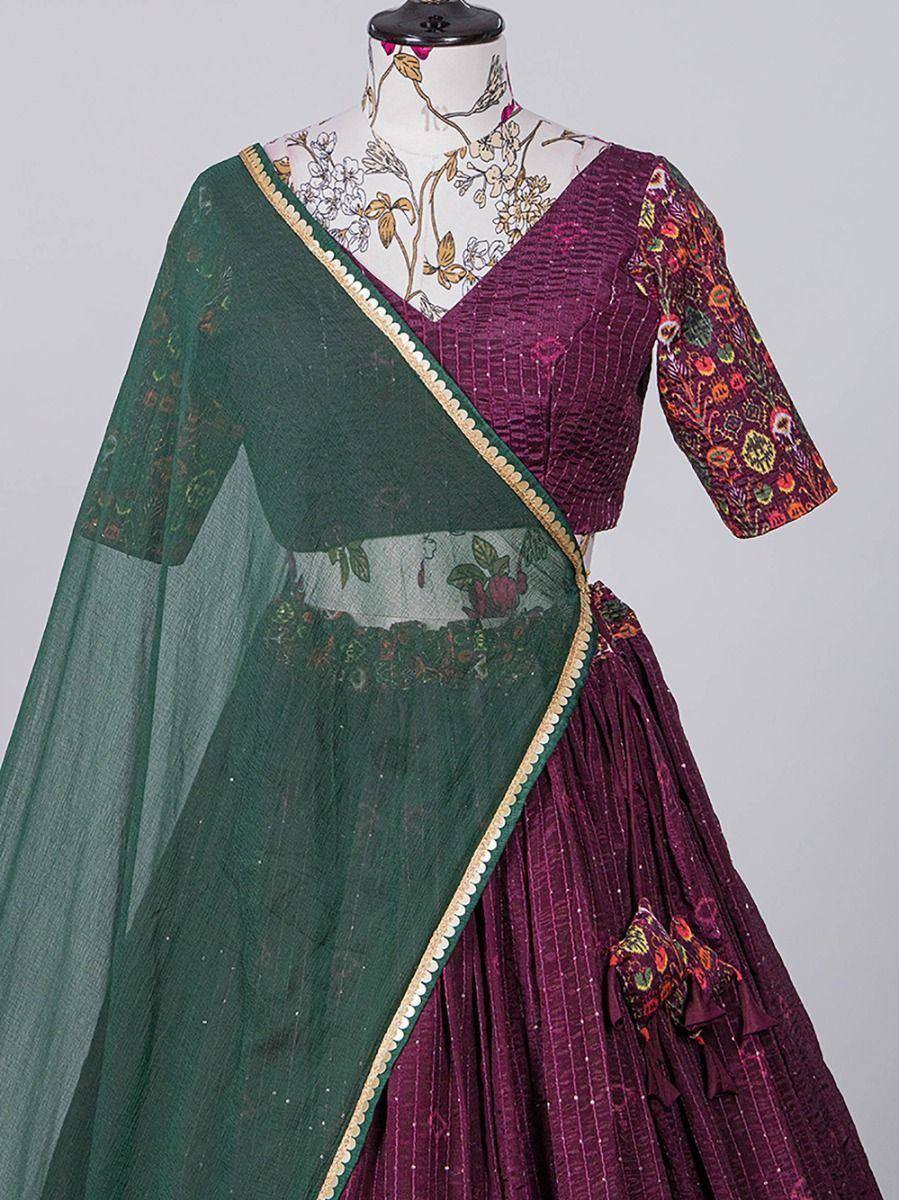 Purple floral lehenga choli with green sheer dupatta, ethnic Indian wear for women