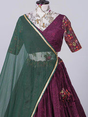 Astonishing Wine Crochet Work Chinon Printed Lehenga Choli