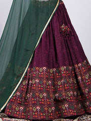 Astonishing Wine Crochet Work Chinon Printed Lehenga Choli