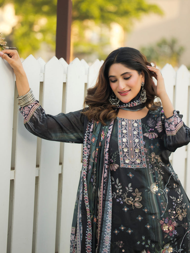 Fabulous Dark Green Digital Printed Chinon Function Wear Straight Suit 