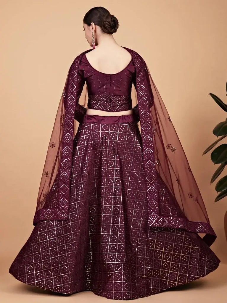 Stunning Wine Sequined Work Silk Bridesmaid Wear Lehenga Choli