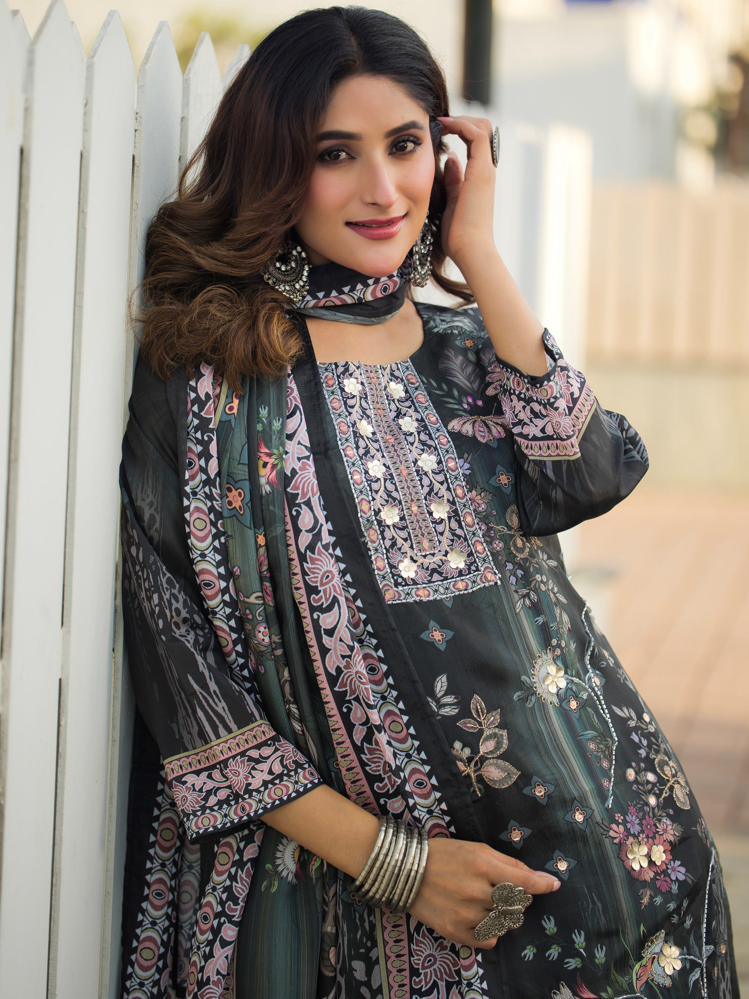 Fabulous Dark Green Digital Printed Chinon Function Wear Straight Suit 