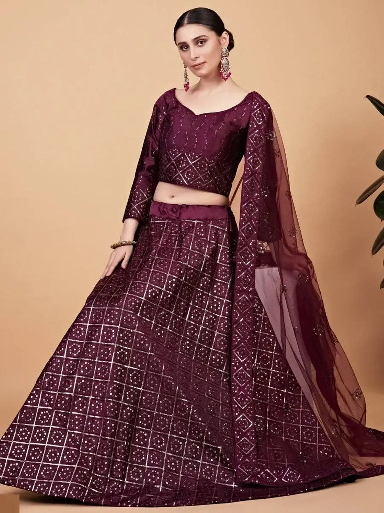 Stunning Wine Sequined Work Silk Bridesmaid Wear Lehenga Choli
