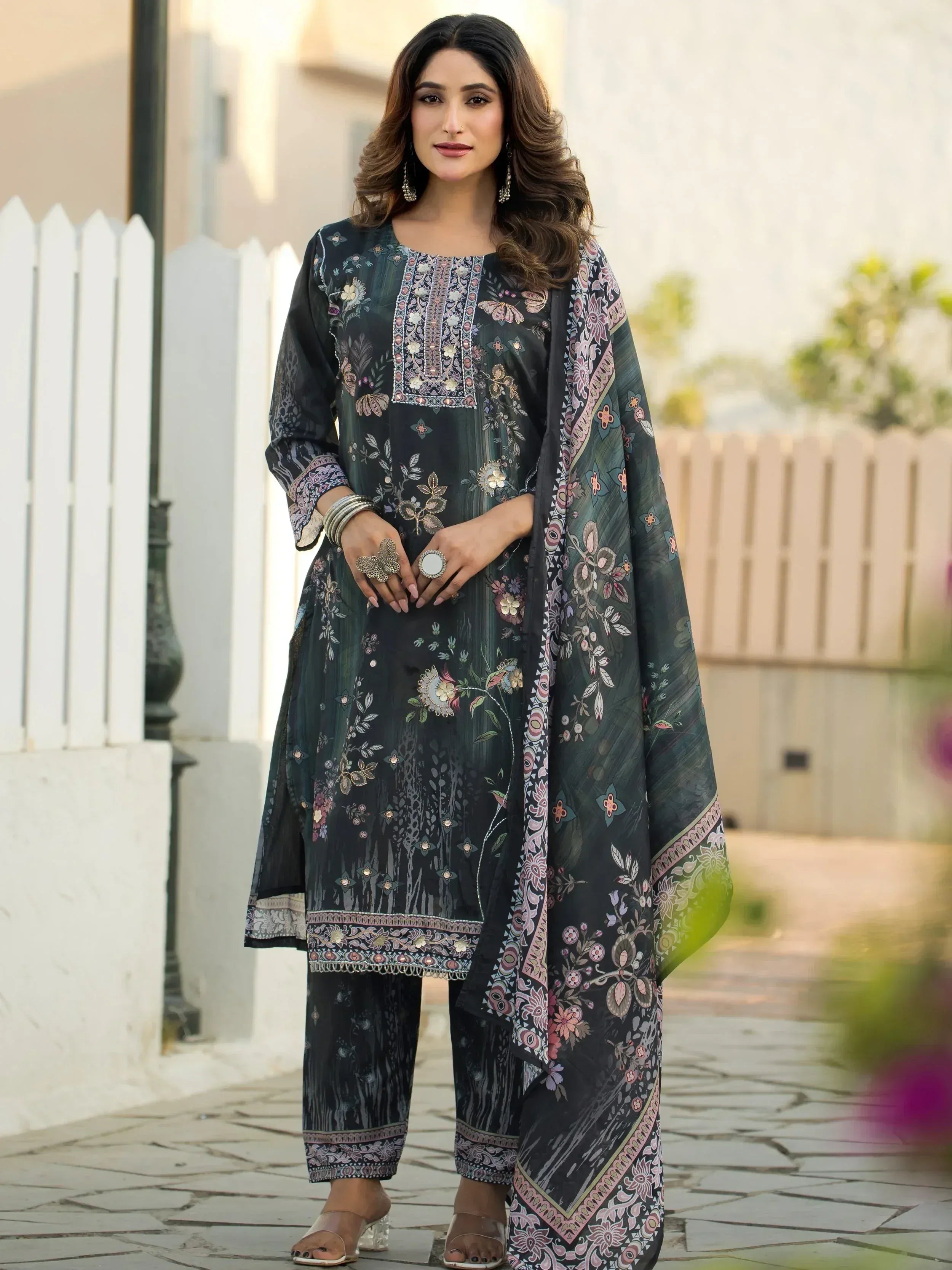 Fabulous Dark Green Digital Printed Chinon Function Wear Straight Suit 