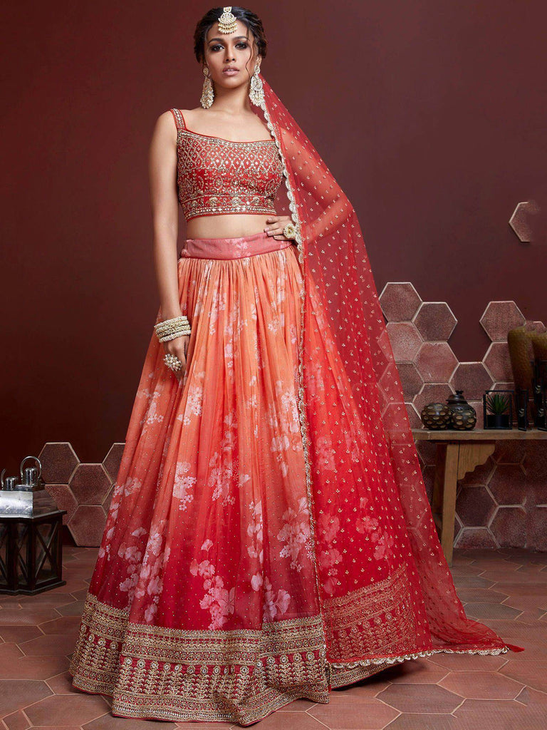 Marvelous Orange Digital Print Embroidery Tebby Silk Party Wear Lehenga Choli