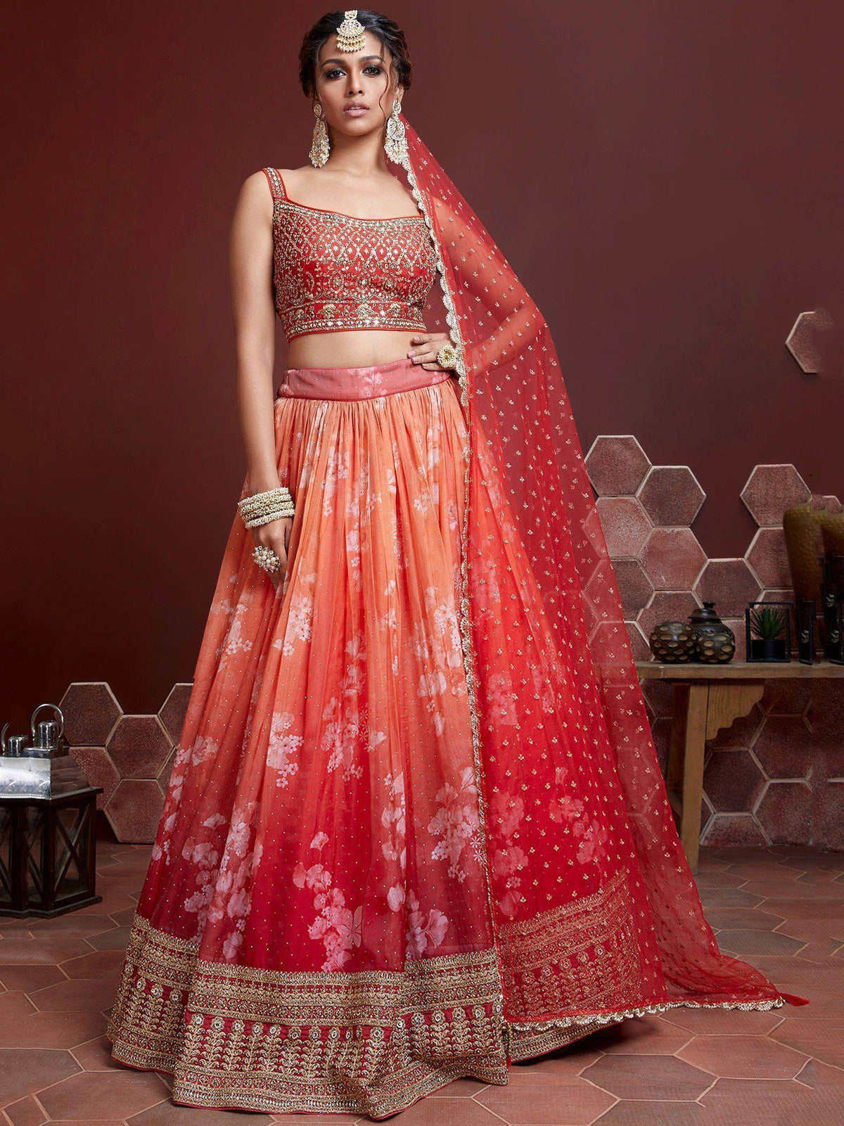 Marvelous Orange Digital Print Embroidery Tebby Silk Party Wear Lehenga Choli