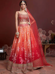 Marvelous Orange Digital Print Embroidery Tebby Silk Party Wear Lehenga Choli