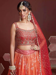 Marvelous Orange Digital Print Embroidery Tebby Silk Party Wear Lehenga Choli