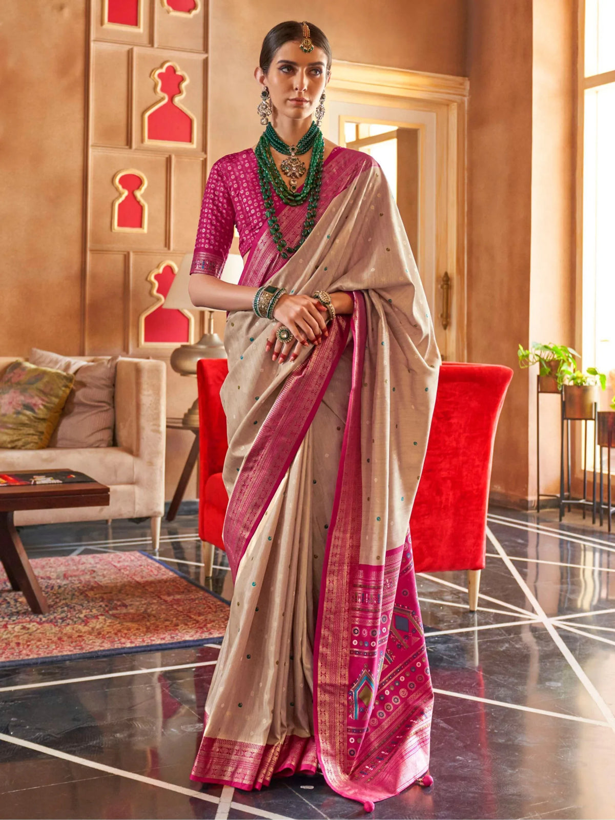 Surprising Cream Patola Printed Silk Event Wear Saree With Blouse