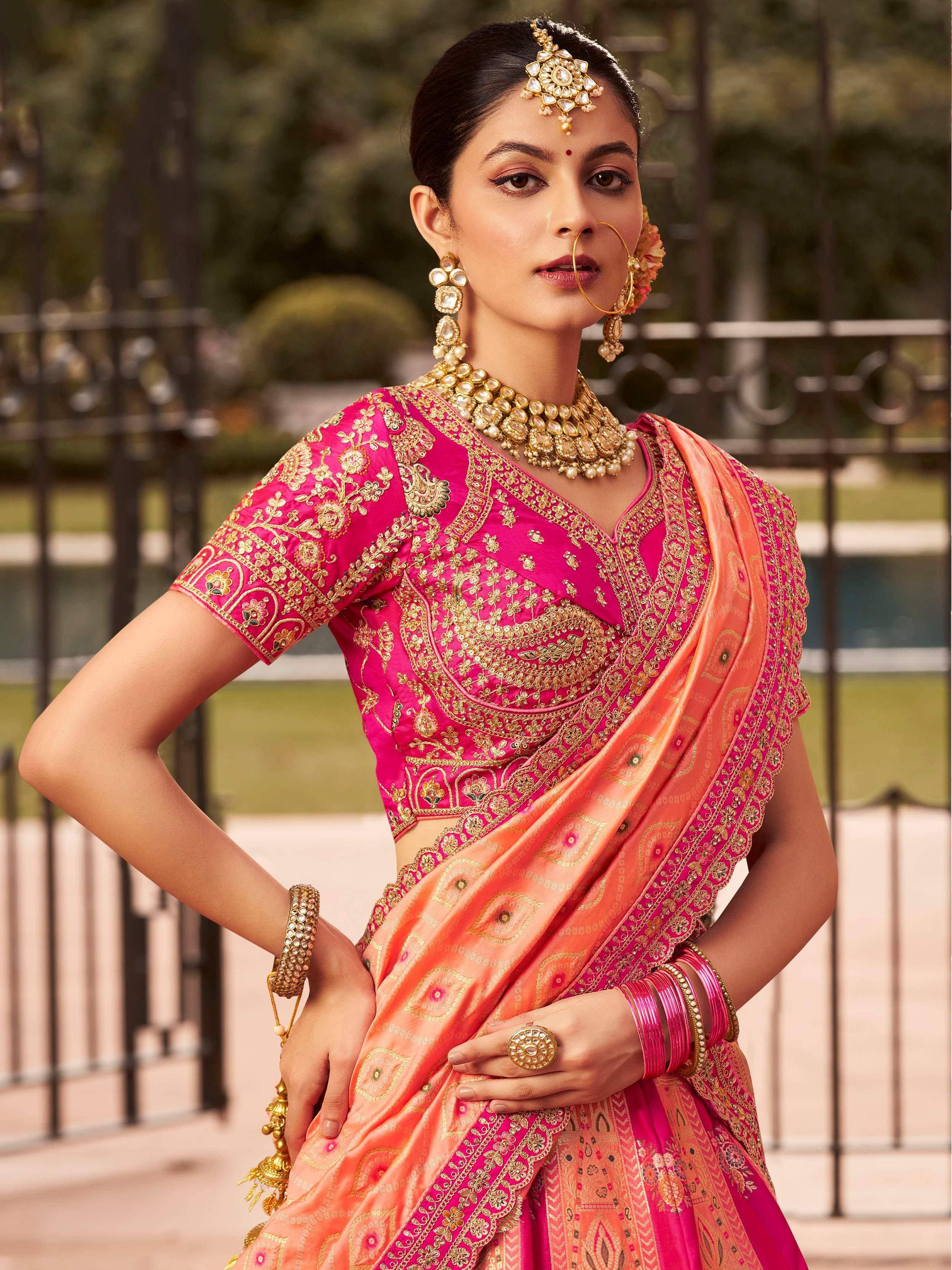 Pink and peach designer saree with gold embroidery, traditional Indian ethnic wear for women