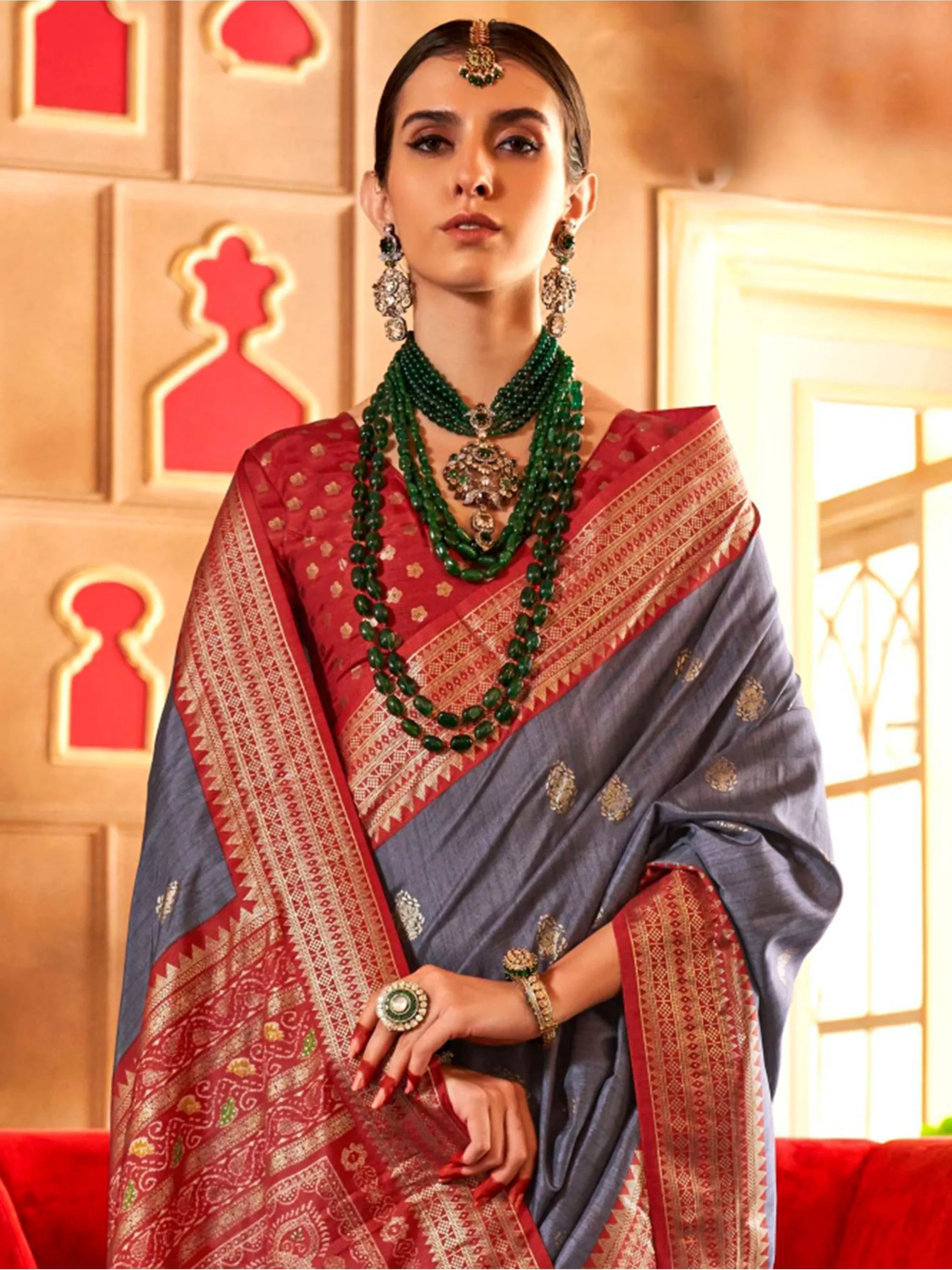 Startling Dusty Blue Patola Printed Silk Wedding Wear Saree With Blouse