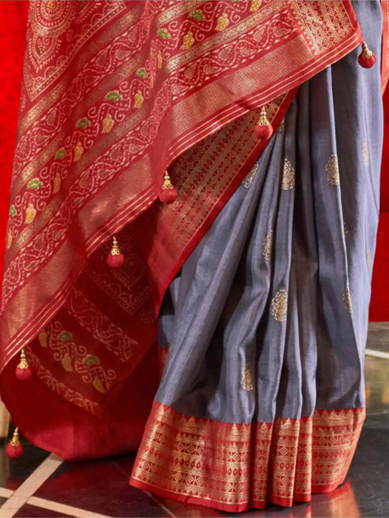 Startling Dusty Blue Patola Printed Silk Wedding Wear Saree With Blouse