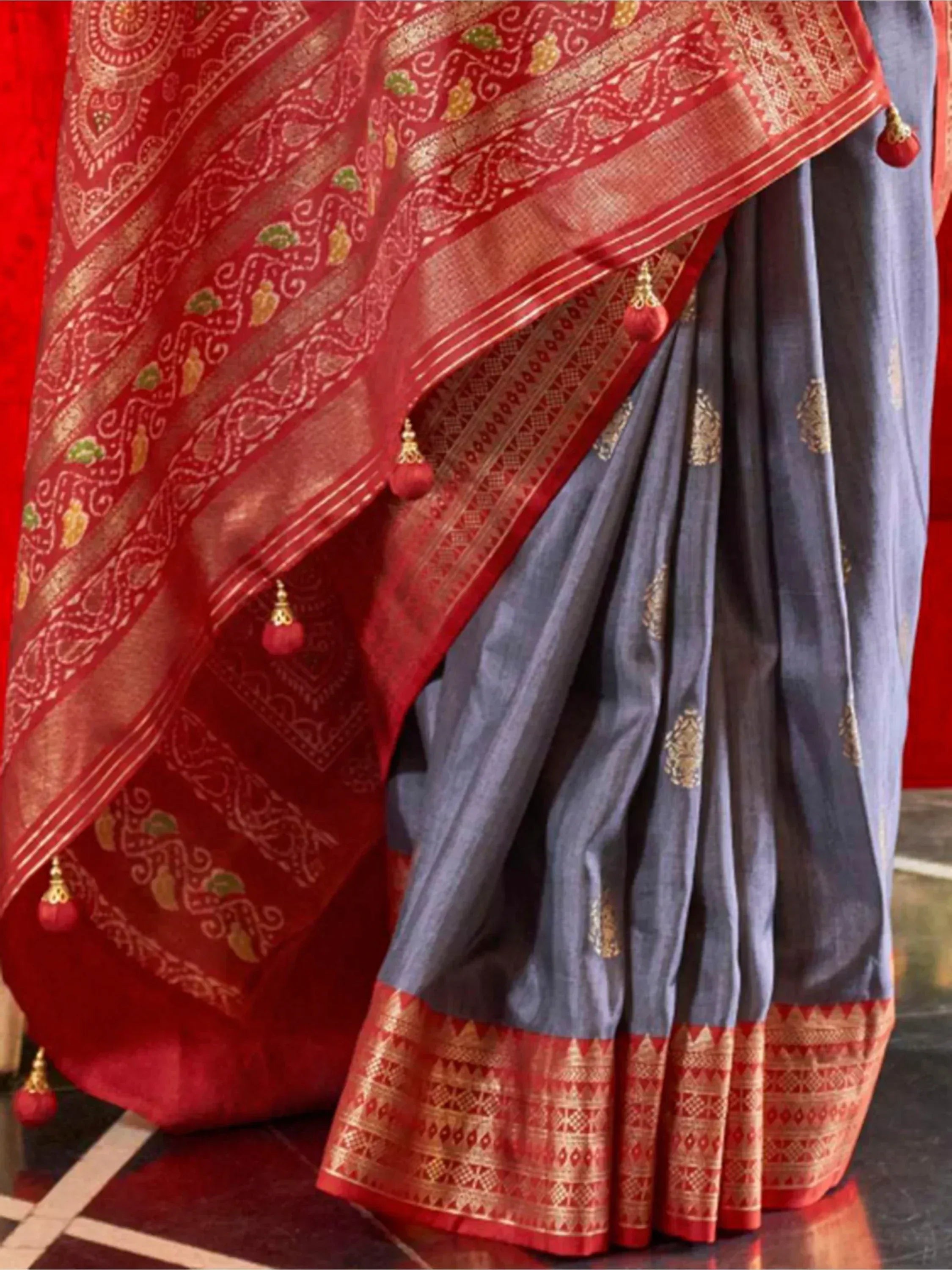 Startling Dusty Blue Patola Printed Silk Wedding Wear Saree With Blouse