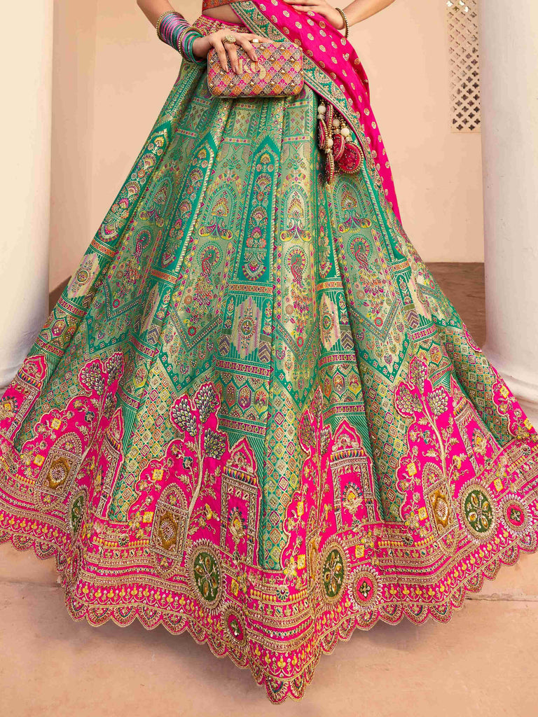 Stunning Teal Green Sequins Embroidered Banarasi Silk Lehenga Choli