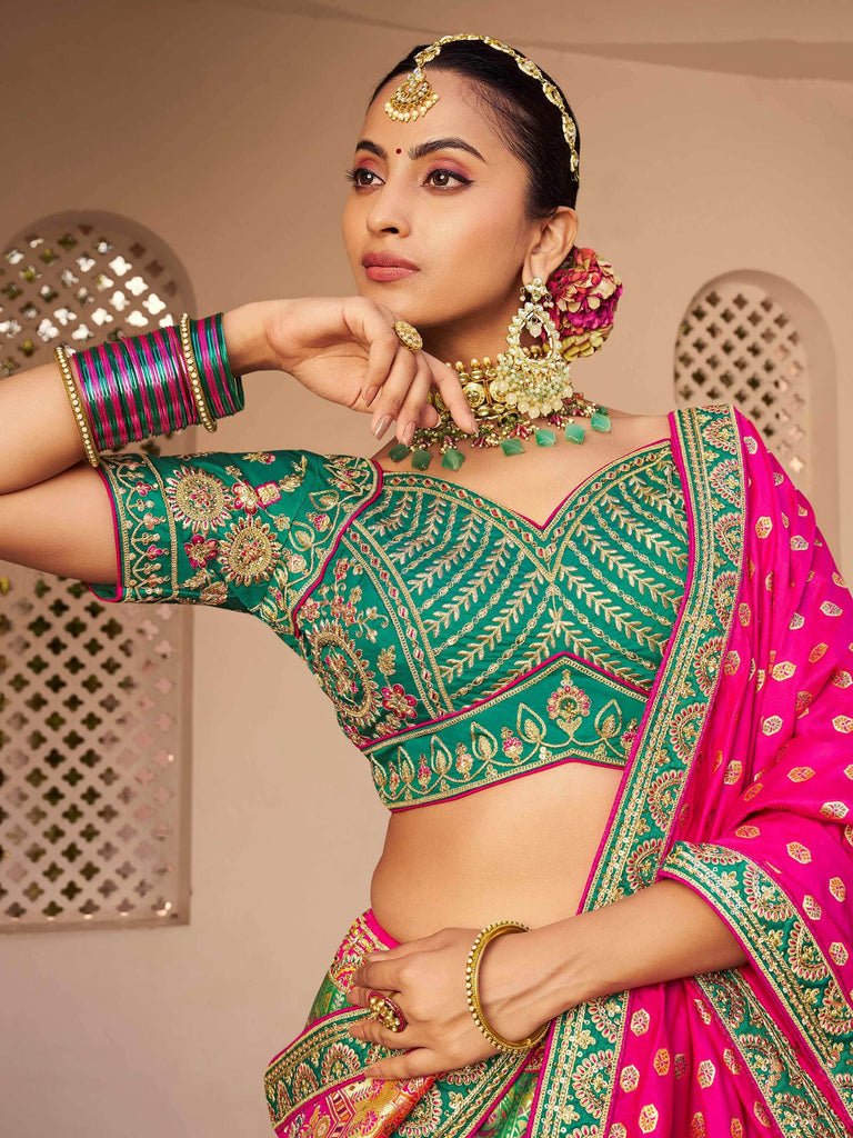 Stunning Teal Green Sequins Embroidered Banarasi Silk Lehenga Choli