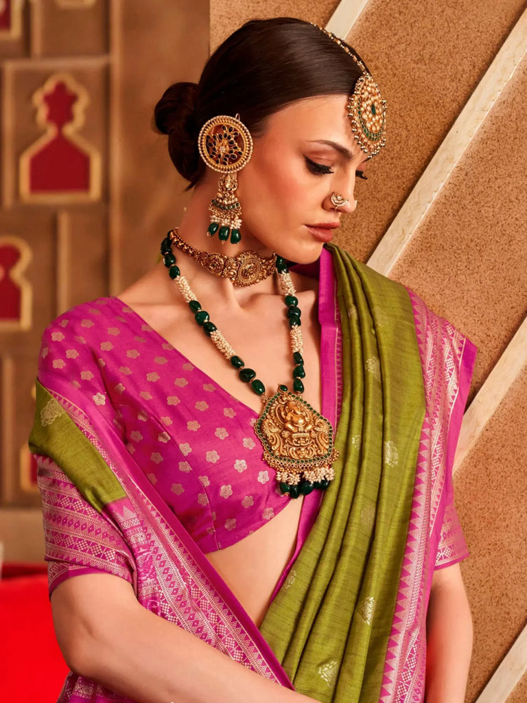 Staggering Olive Green Patola Printed Silk Event Wear Saree With Blouse