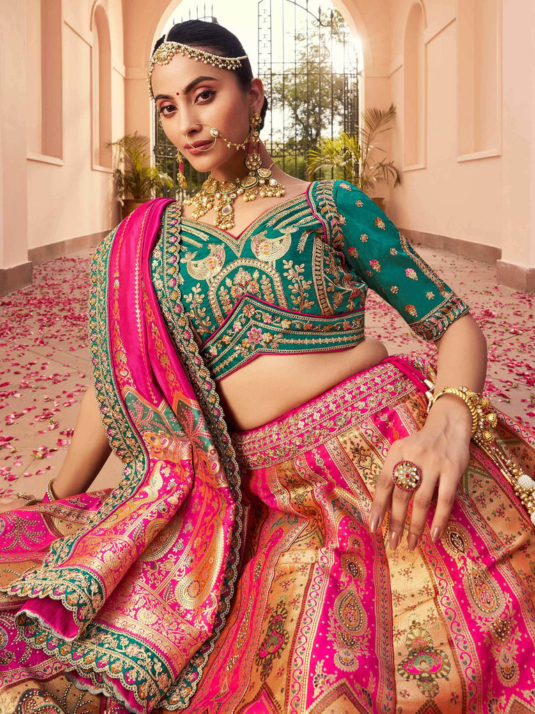 Attractive Hot Pink Zari Weaving Banarasi Silk Lehenga Choli