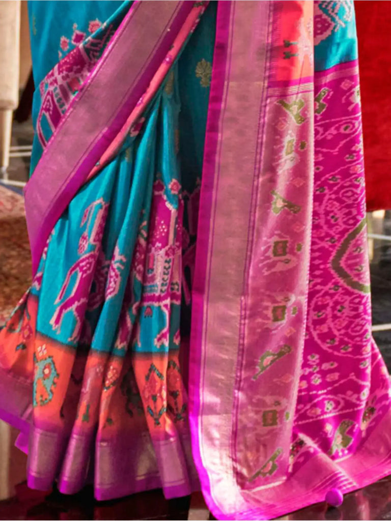 Incredible Sky Blue Patola Printed Silk Festival Wear Saree With Blouse