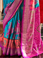 Incredible Sky Blue Patola Printed Silk Festival Wear Saree With Blouse