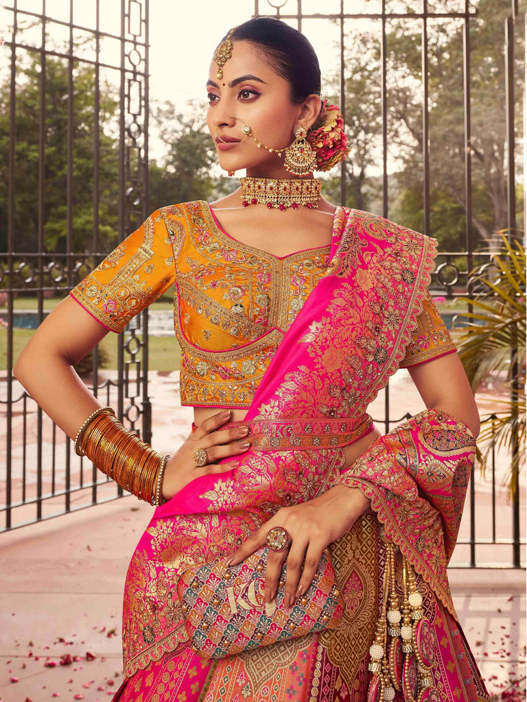 Timeless Multi-Color Banarasi Silk Stone Work Bridal Lehenga Choli
