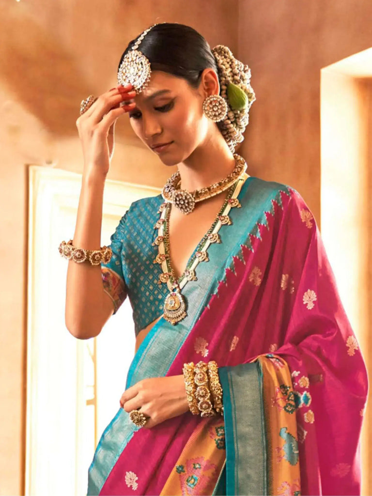Astonishing Rani Pink Patola Printed Silk Wedding Wear Saree With Blouse