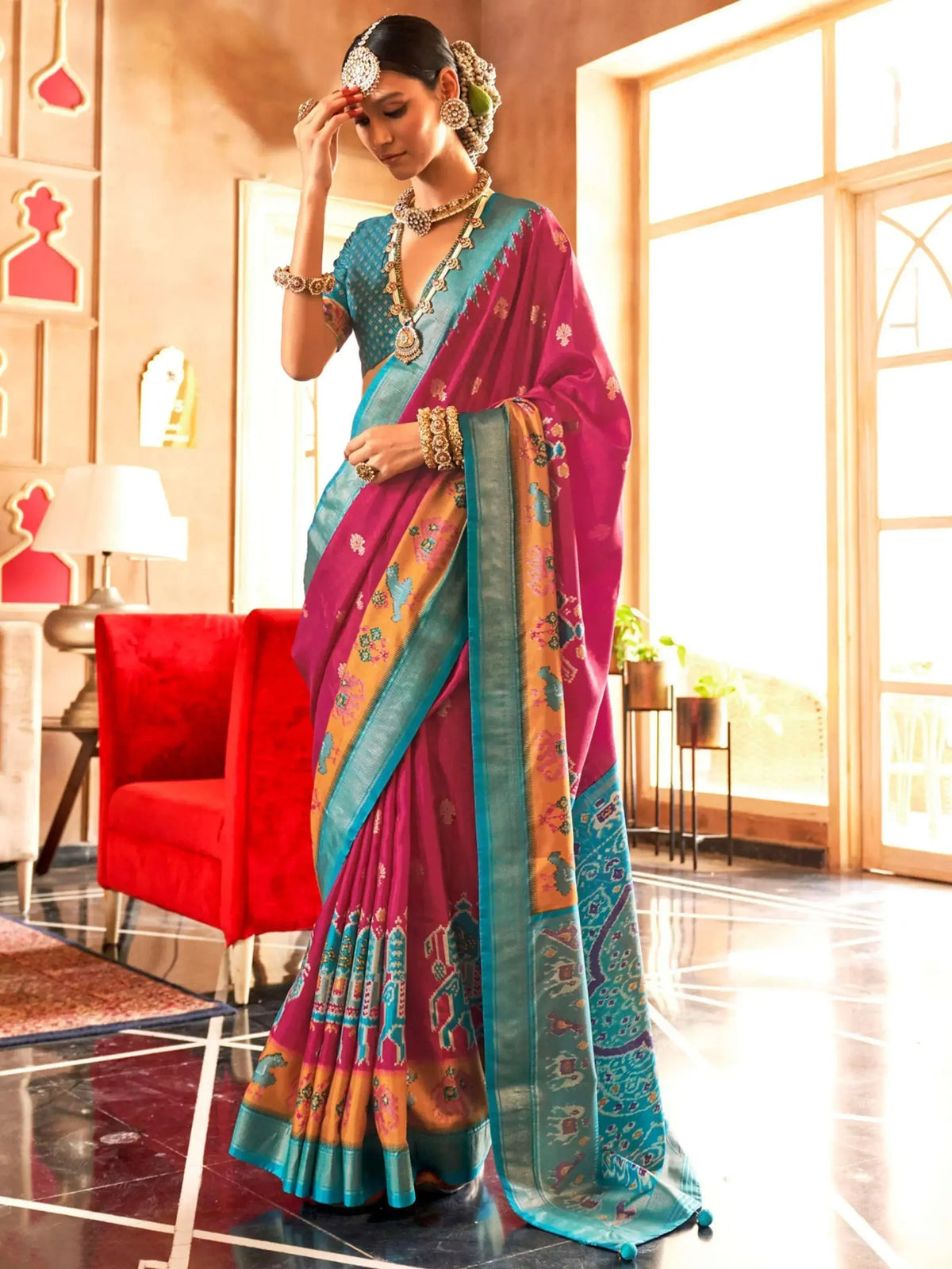 Astonishing Rani Pink Patola Printed Silk Wedding Wear Saree With Blouse