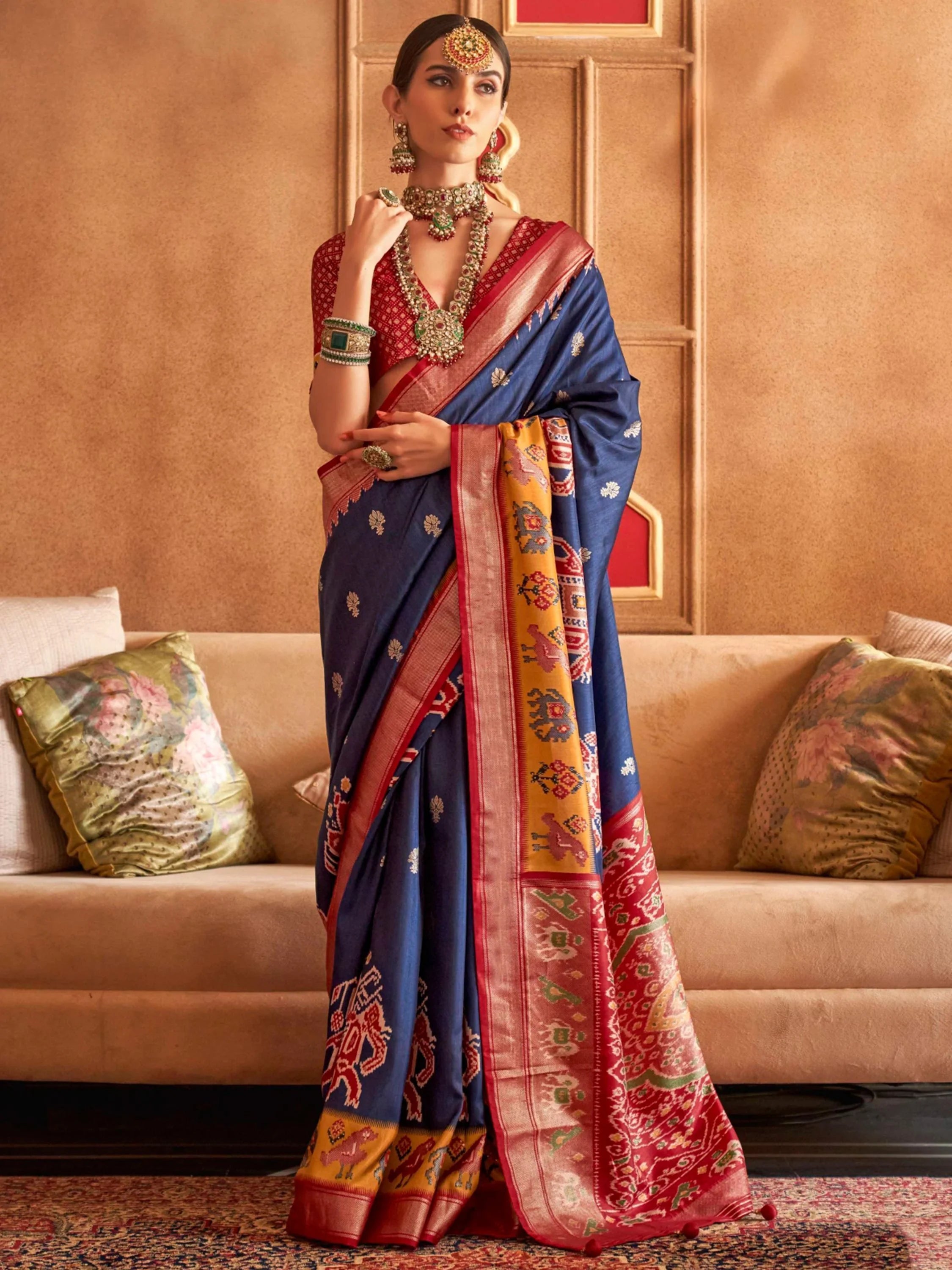 Dazzling Navy Blue Patola Printed Silk Function Wear Saree With Blouse