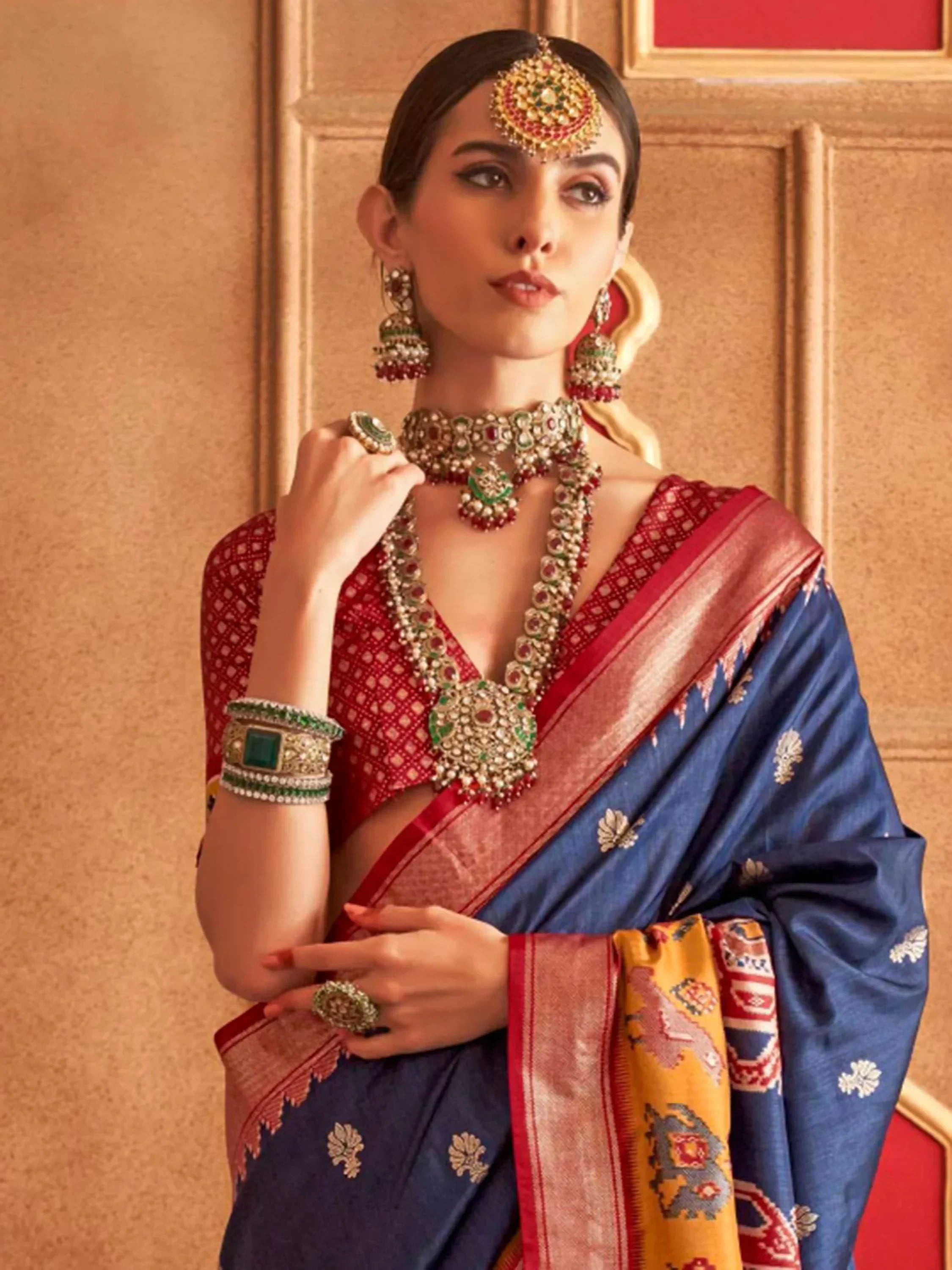 Dazzling Navy Blue Patola Printed Silk Function Wear Saree With Blouse