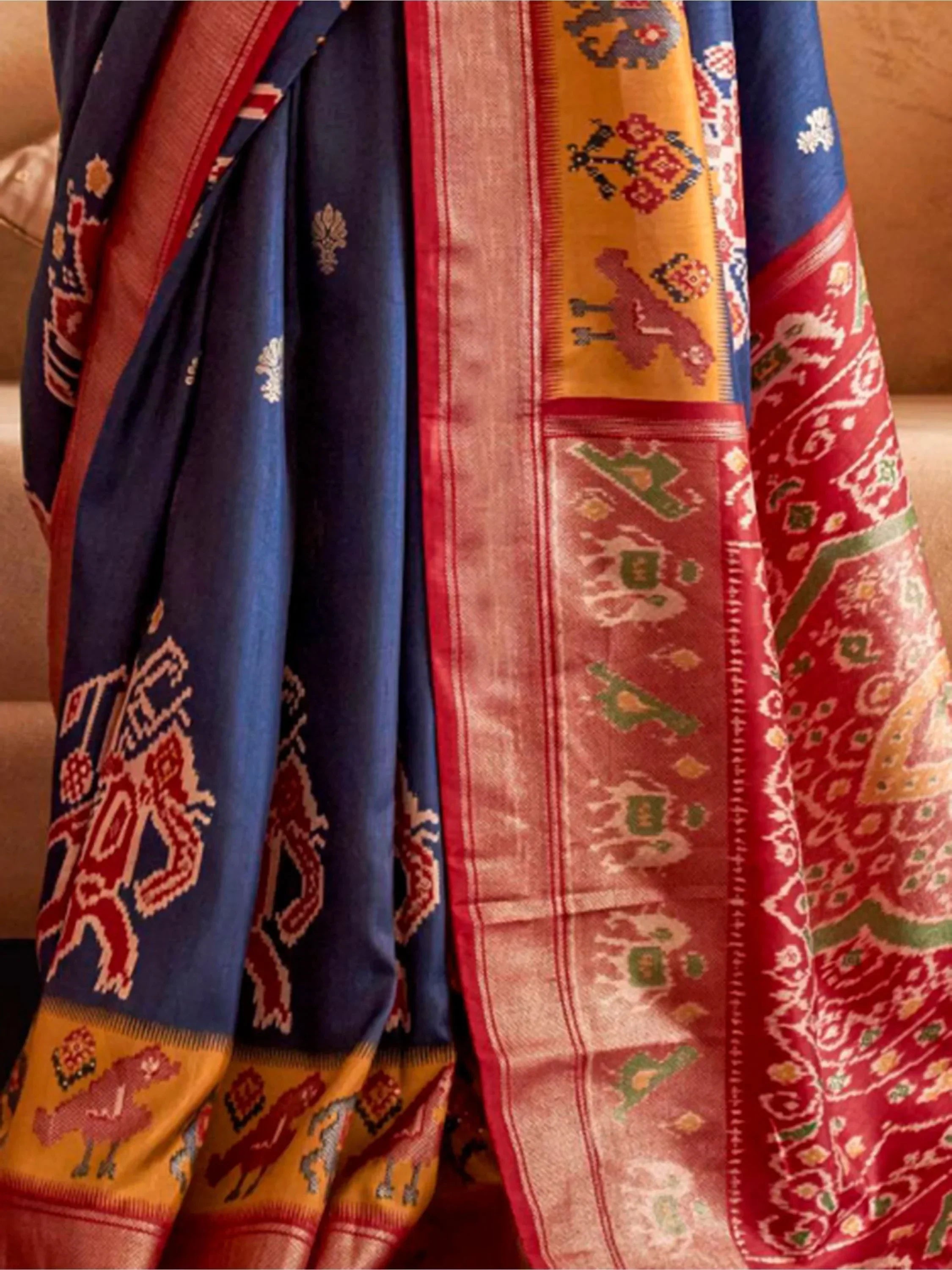 Dazzling Navy Blue Patola Printed Silk Function Wear Saree With Blouse