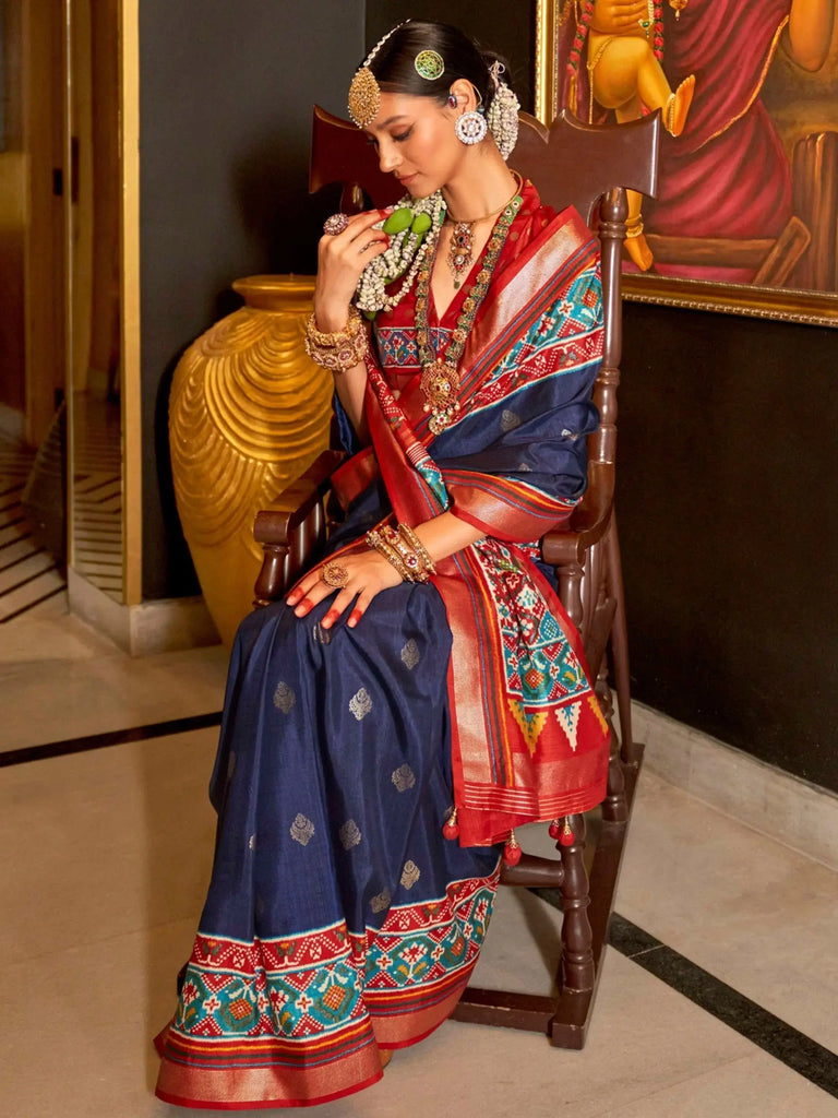 Beautiful Dark Blue Silk Patola Wedding Wear Saree With Blouse