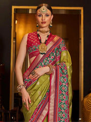 Stunning Olive Green Silk Patola Wedding Wear Saree With Blouse